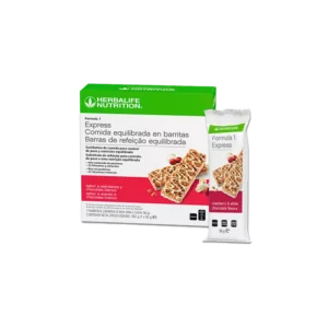 Caja y barrita Herbalife Fórmula 1 Express sabor arándanos y chocolate blanco