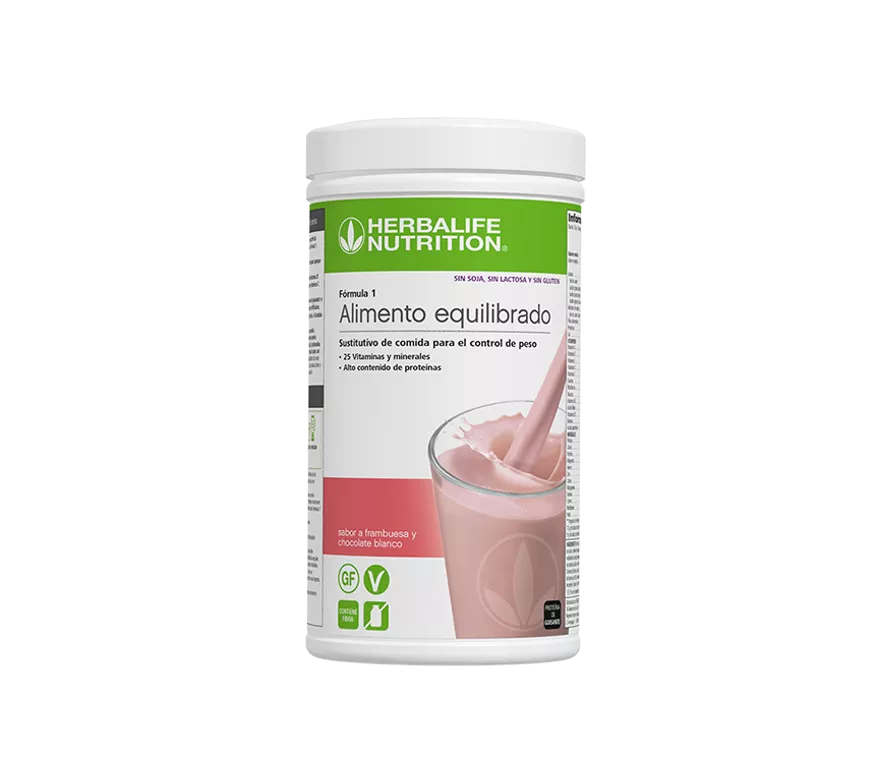 Envase de batido Herbalife Fórmula 1 sabor frambuesa y chocolate blanco