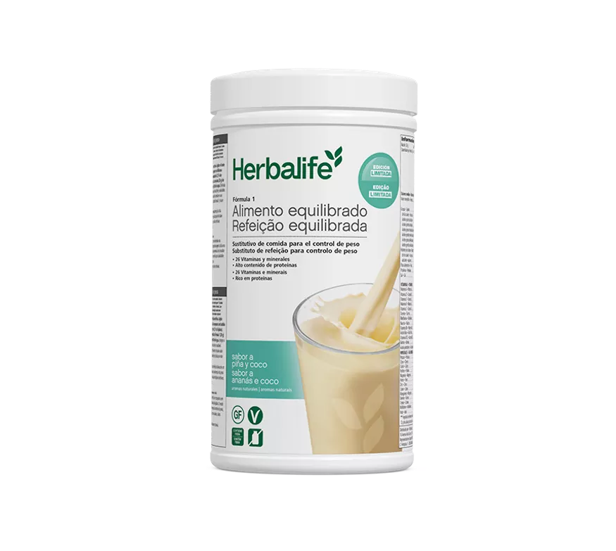 Envase de batido Herbalife Fórmula 1 sabor piña y coco