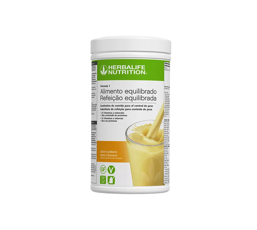 Envase de batido Herbalife Fórmula 1 sabor plátano