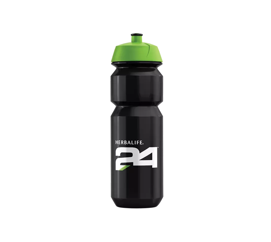 Botella deportiva Herbalife24 color negro con tapa verde.