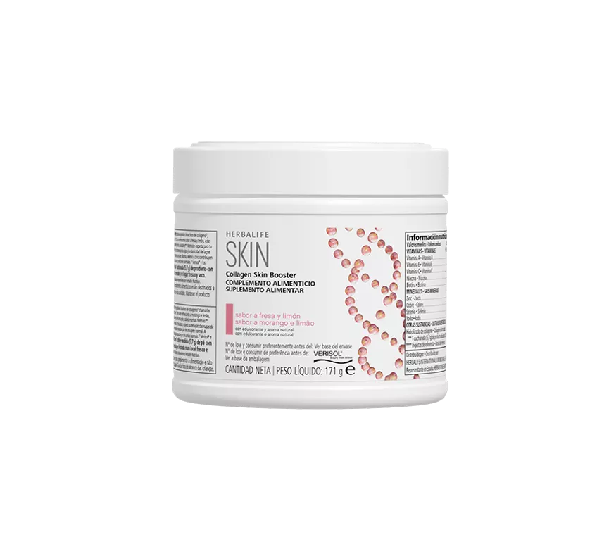 Suplemento Herbalife SKIN Collagen Skin Booster sabor fresa y limón.