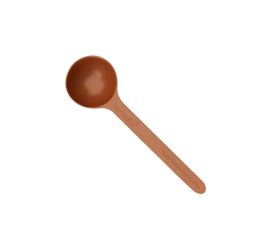 Cuchara medidora marrón Herbalife para High Protein Iced Coffee.