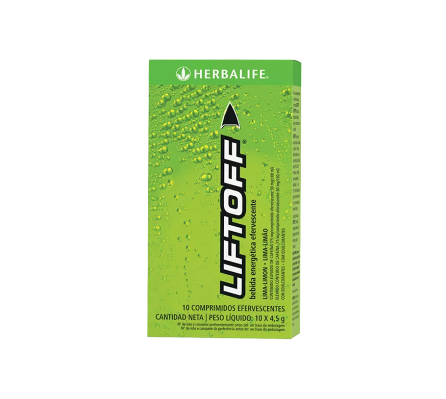 Caja verde de Herbalife Liftoff sabor lima-limón, bebida energética efervescente.