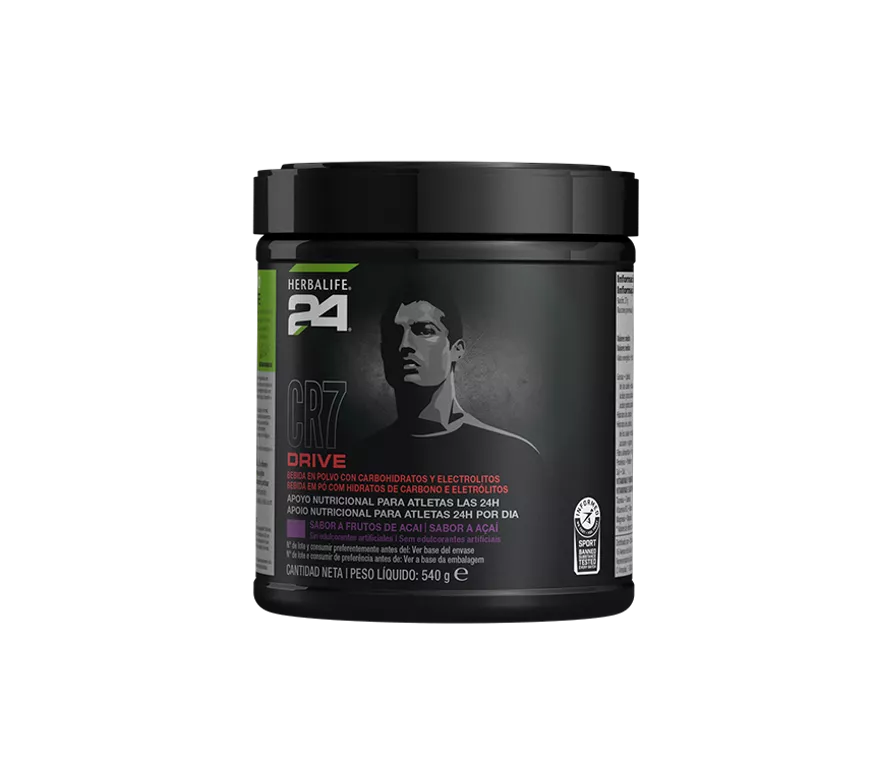 Bote de Herbalife24 CR7 Drive sabor açaí, bebida isotónica para deportistas.