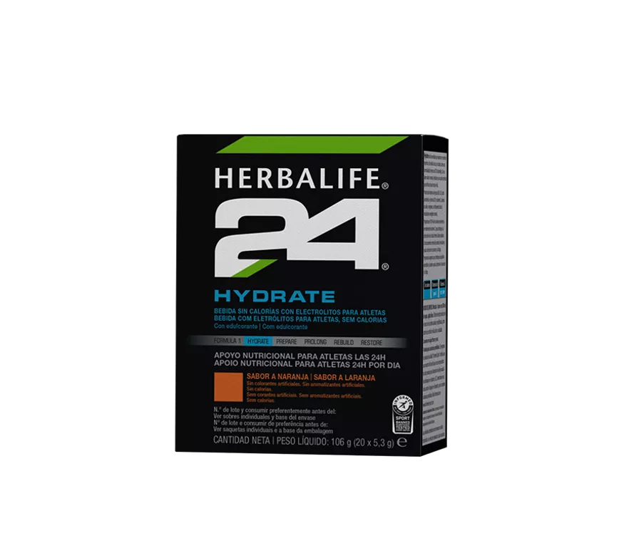 Caja de Herbalife24 Hydrate sabor naranja, bebida sin calorías con electrolitos para atletas.