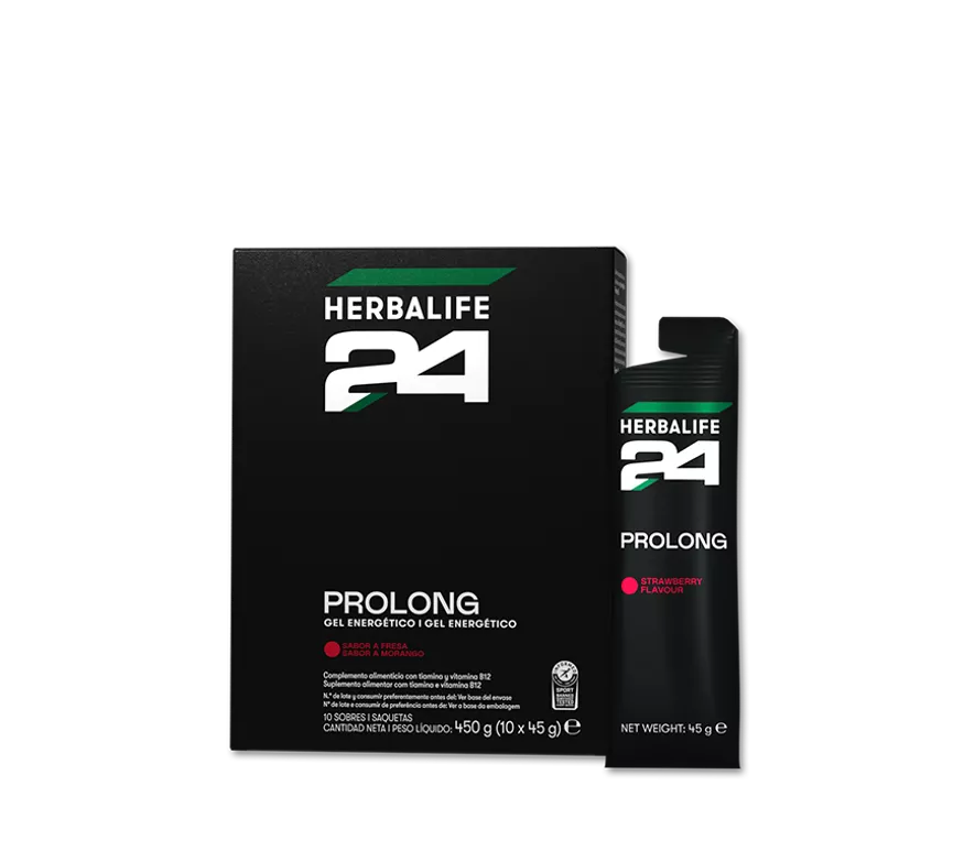 Gel energético Herbalife24 Prolong sabor fresa en caja y sobre individual.