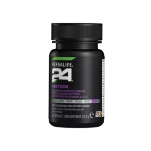 Frasco de Herbalife24 Restore, complemento alimenticio nocturno con vitaminas A, C y E.