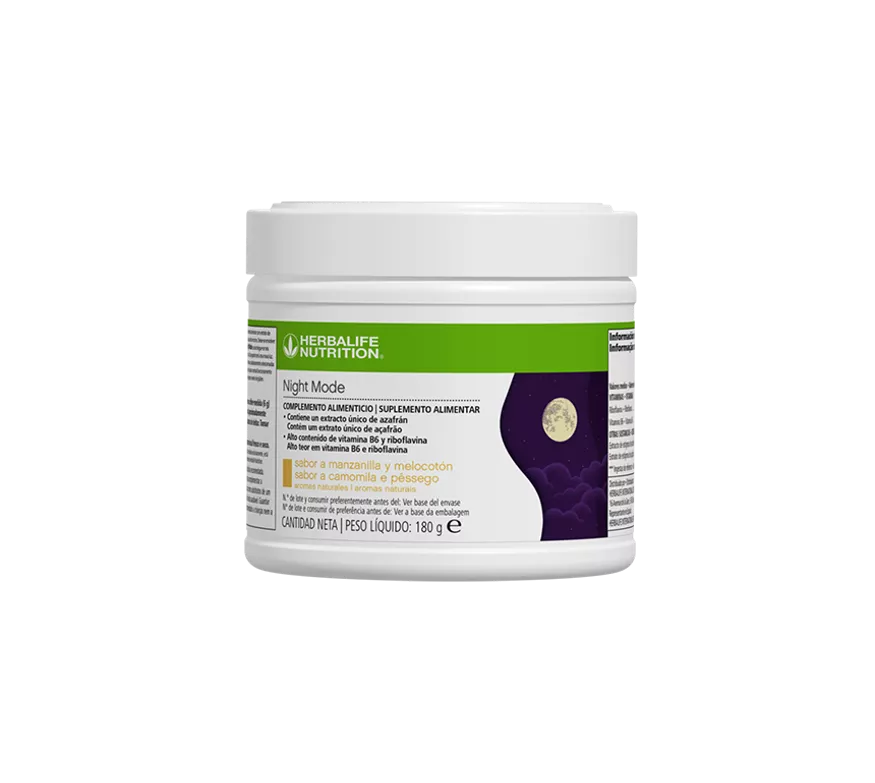envase del suplemento Night Mode de Herbalife Nutrition sabor manzanilla y melocotón