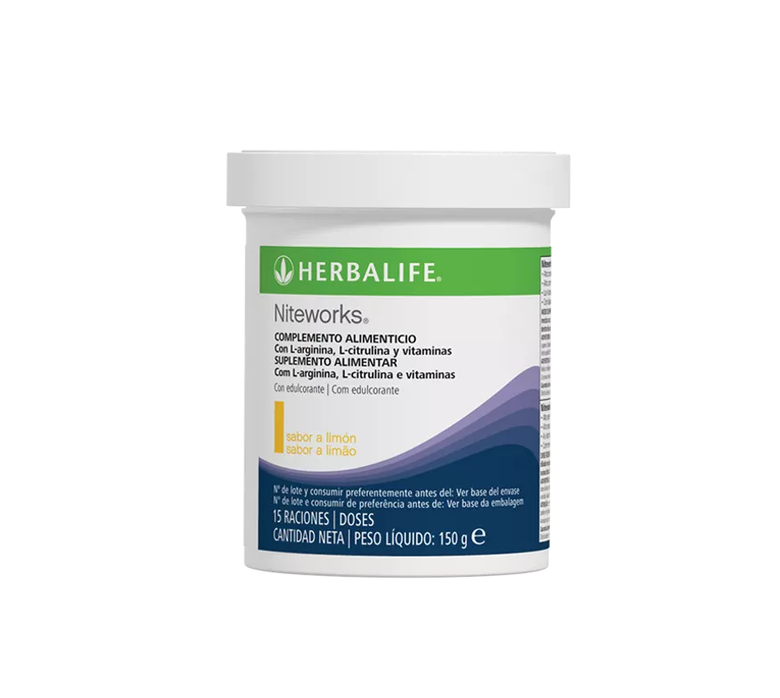 Envase del suplemento Niteworks de Herbalife sabor limón