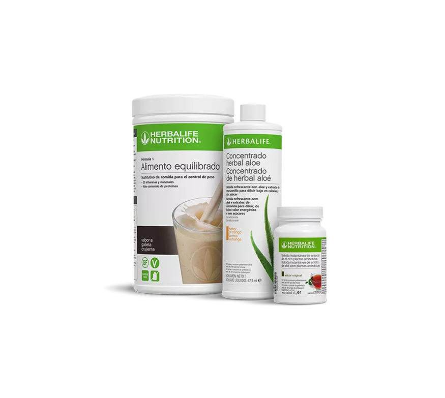 Pack desayuno saludable Herbalife con batido Fórmula 1 sabor galleta crujiente, té y concentrado de aloe.