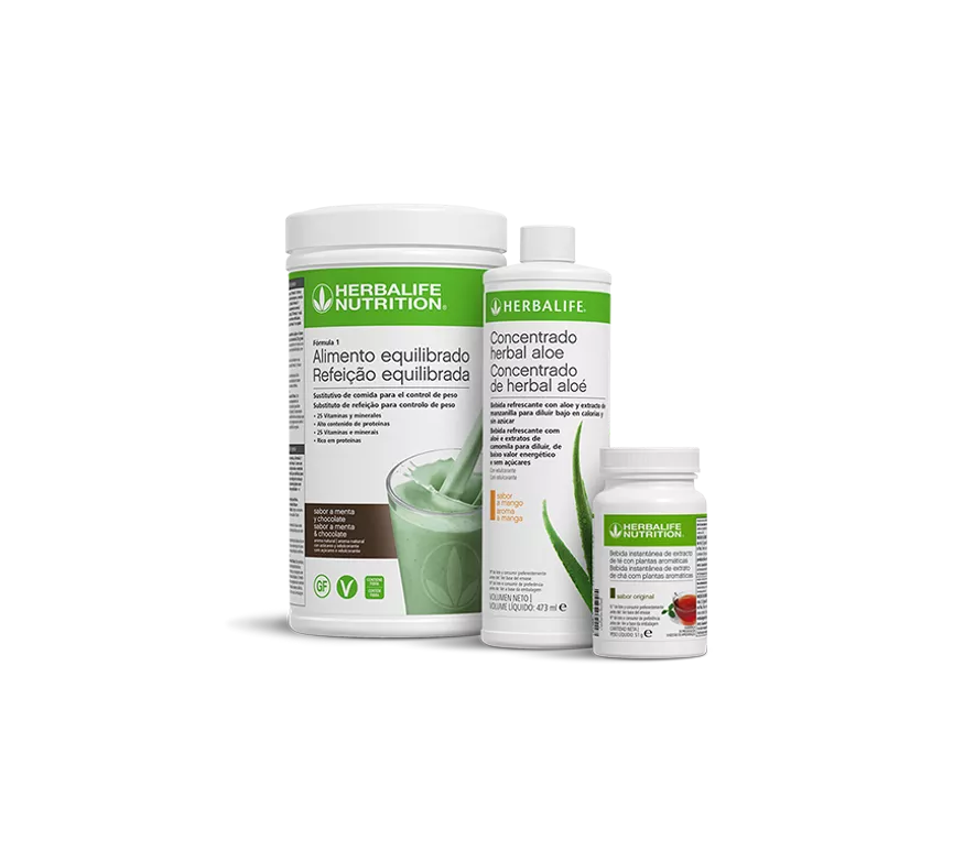 Pack desayuno saludable Herbalife con batido Fórmula 1 sabor menta y chocolate, té instantáneo y concentrado de aloe.