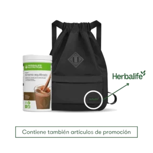 Paquete de miembro Herbalife con batido Fórmula 1 sabor chocolate cremoso y mochila negra promocional.