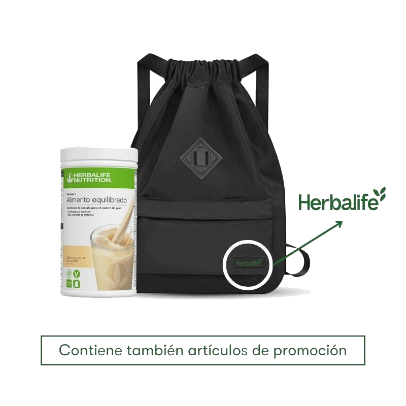 Paquete de miembro Herbalife con batido Fórmula 1 sabor vainilla y mochila promocional negra.