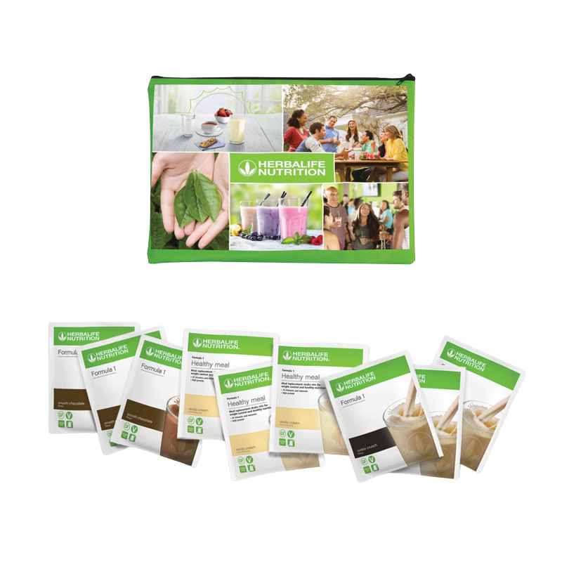 Pack de prueba Herbalife Nutrition con 9 sobres individuales de batido Fórmula 1 en varios sabores.