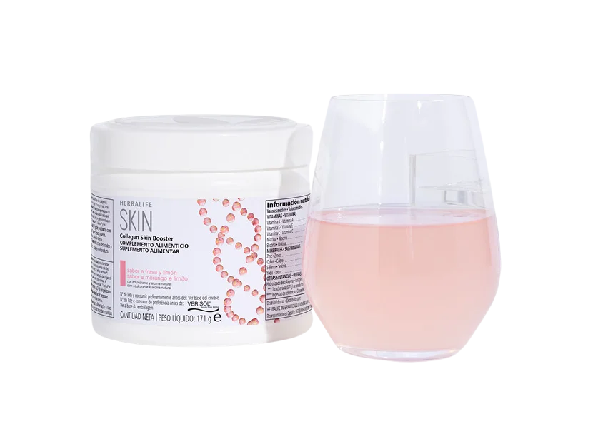 Suplemento Collagen Skin Booster de Herbalife con vaso de bebida preparada.