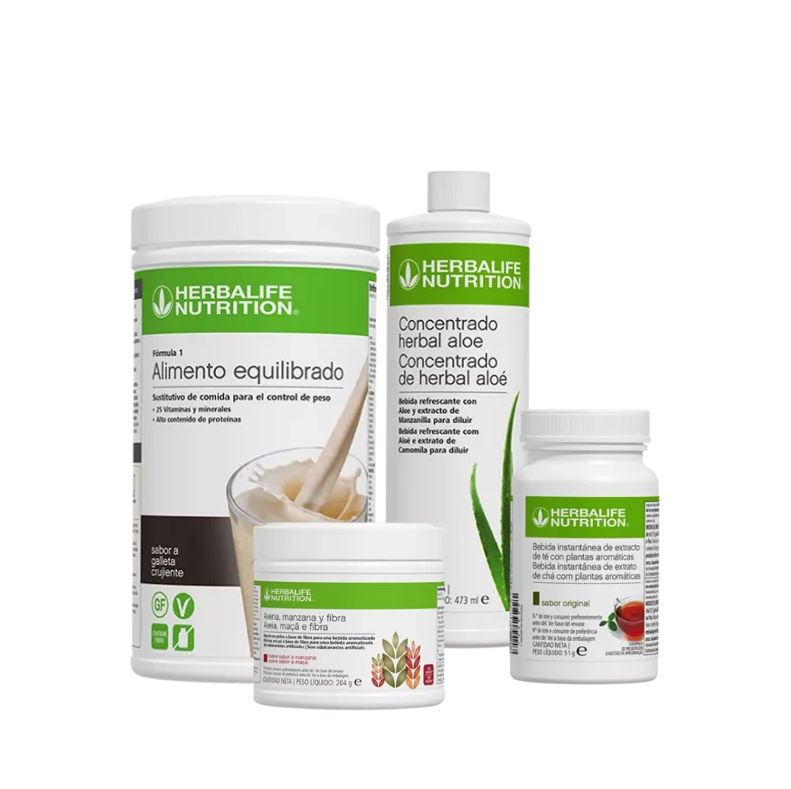 Pack Avanzado Herbalife: Batido F1 Galleta Crujiente + Pack Chupapanzas (Té, Aloe y Fibra de Avena y Manzana) para control de peso completo.