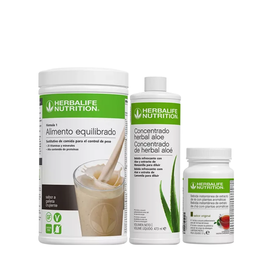 Pack Desayuno Ideal Herbalife: Batido Fórmula 1 sabor Galleta Crujiente, Concentrado de Aloe Vera y Té Original (50g) para nutrición diaria.